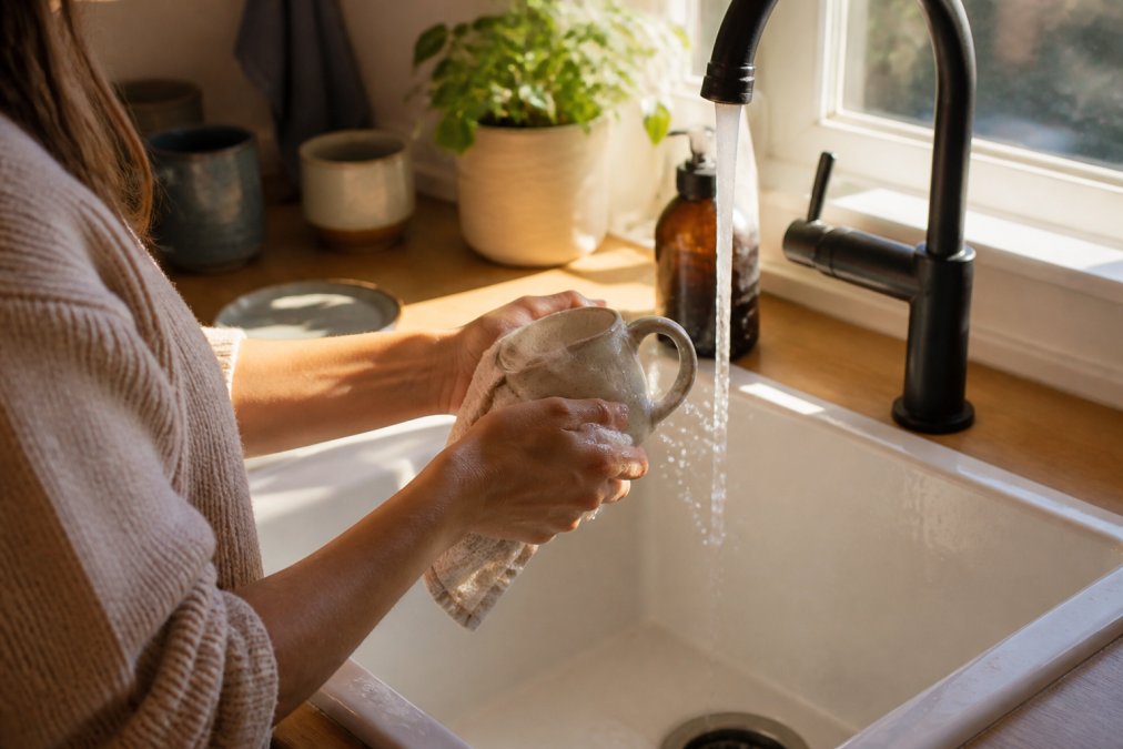 Woman's hands carefully washing a ceramic mug by hand at a kitchen sink, showing gentle care technique with warm water and soft cloth, natural window light streaming across the counter