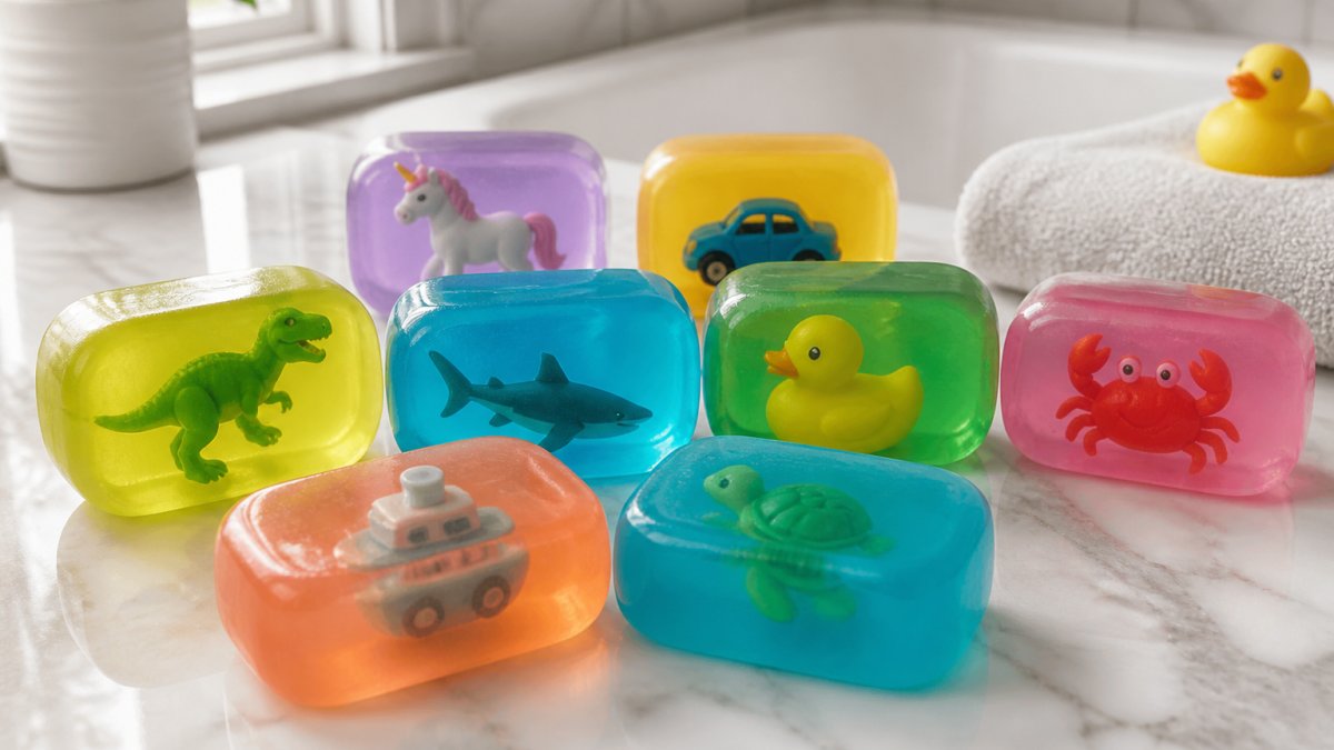 Close-up of colorful handmade kids' soaps with small toys embedded inside, arranged on a white marble countertop beside a child's bathtub, soft natural window light