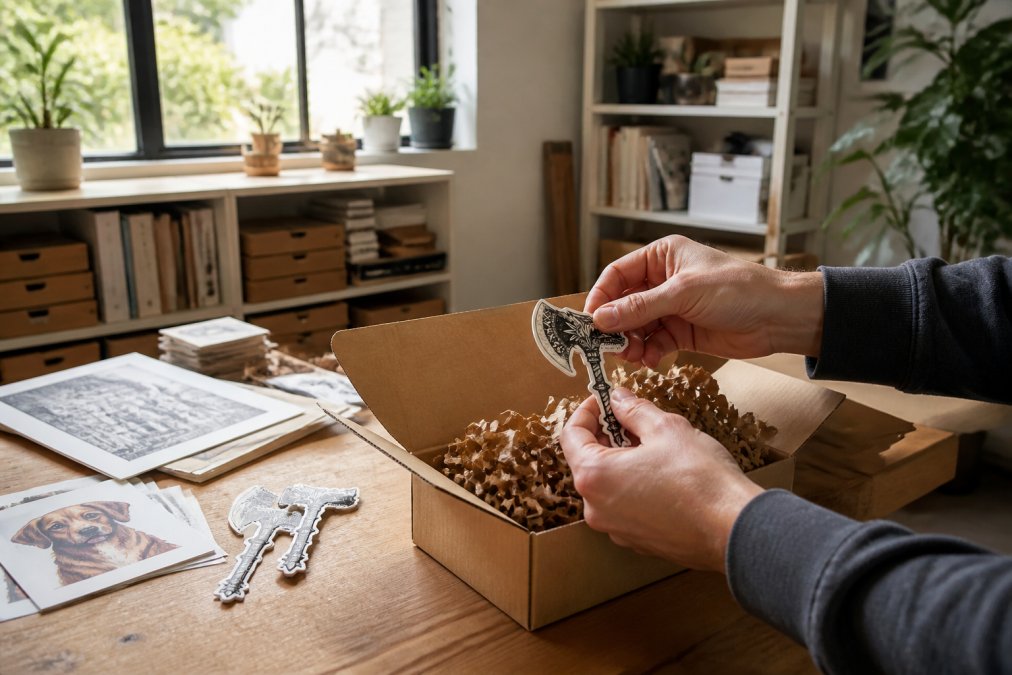 Artist's hands carefully hand-packing handmade vinyl stickers and art pieces into a cardboard box in a bright, organized small studio workspace with natural light streaming through windows
