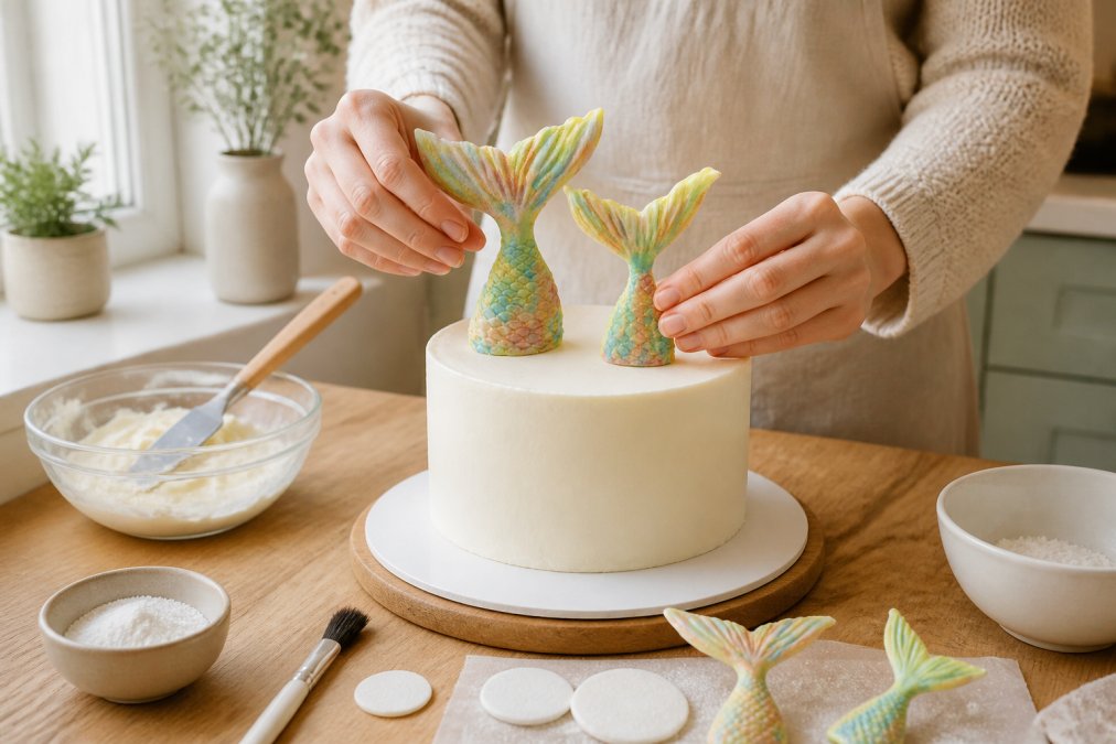 Pair of hands carefully placing a handmade sugar paste topper onto a smooth white-frosted celebration cake on a wooden kitchen worktop, warm natural light from a nearby window