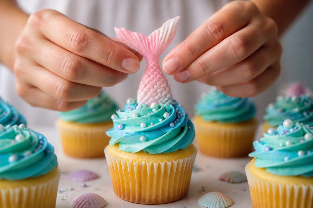 Close-up of hands carefully positioning a handmade sugar paste topper onto a freshly iced cupcake with buttercream frosting, showing gentle placement technique and proper finger positioning