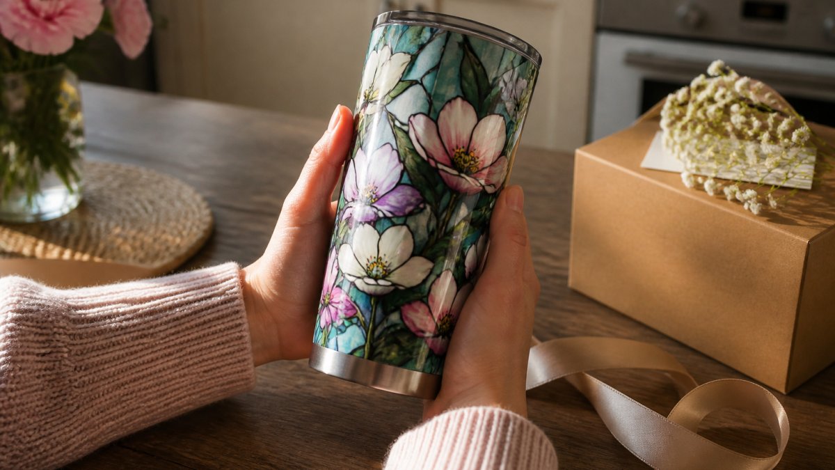 Close-up of hands holding a personalized stainless steel tumbler with a floral stained-glass design, soft natural light on a wooden kitchen table, a gift box and ribbon nearby