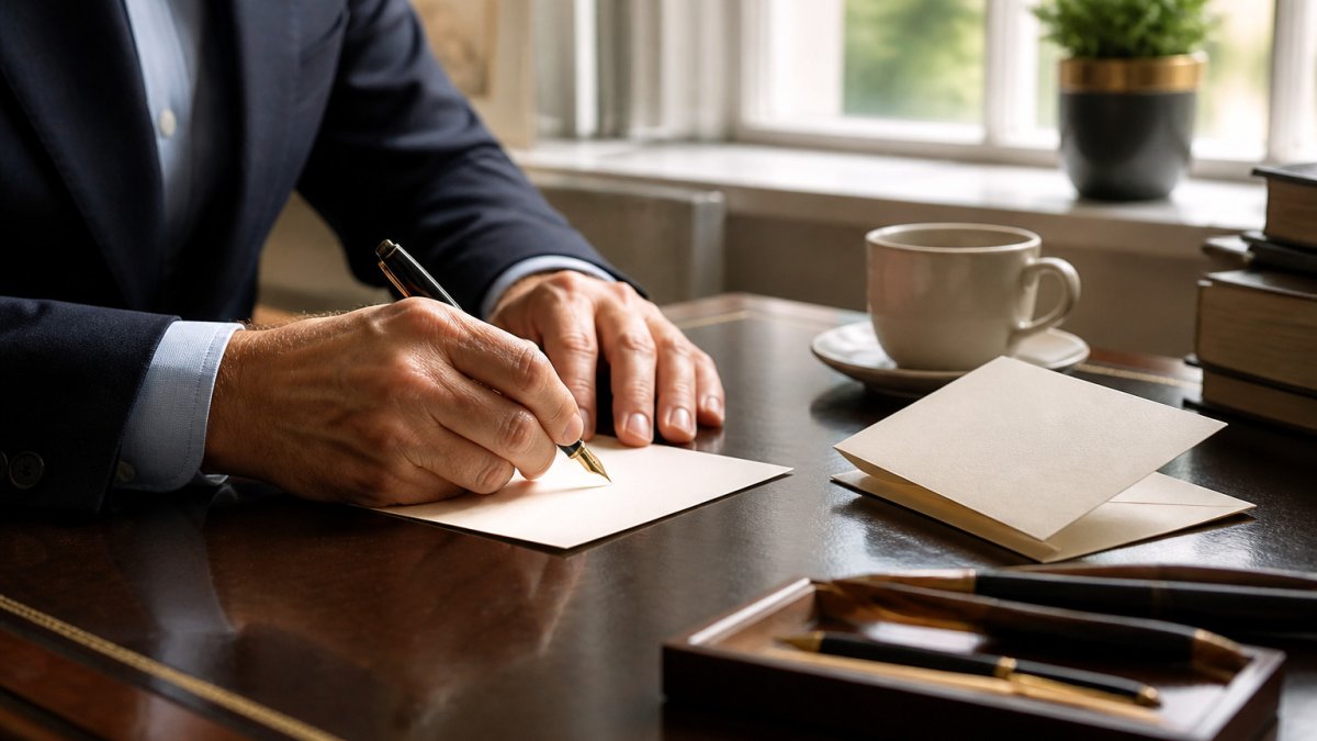 A relationship manager writing handwritten notes with a fountain pen at a polished desk in soft natural light.
