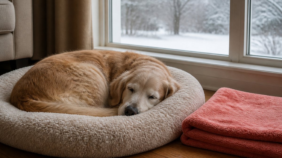 A senior golden retriever curled up asleep on a plush fleece dog bed beside a living room window with soft winter light coming through, a folded coral fleece blanket nearby