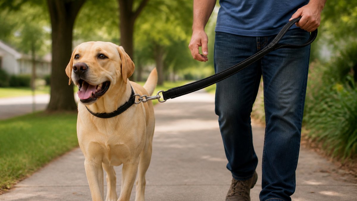 A person walking a large Labrador-type dog on a sturdy nylon leash in a suburban park, close enough to show the clip, stitching, and padded handle in use