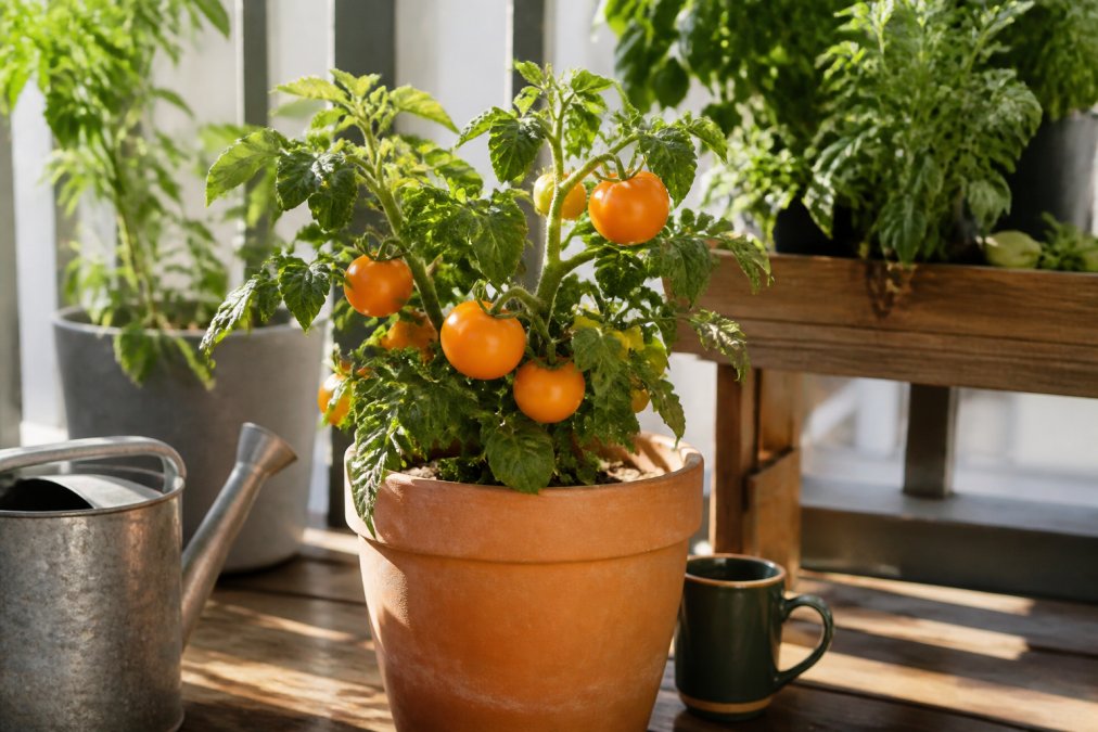 A close-up of a compact determinate tomato plant growing in a large terracotta pot on a sunny back porch, with several ripe orange tomatoes visible among the green leaves