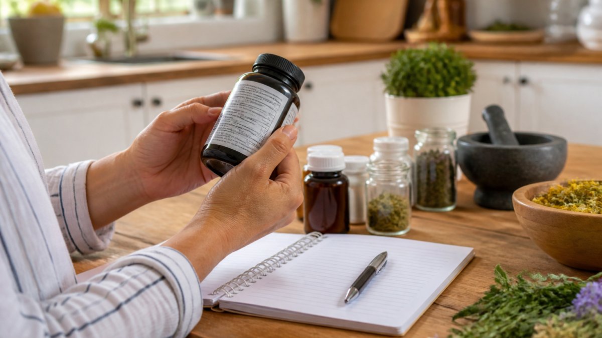 Person reading the ingredient label on a supplement bottle in a bright kitchen with a notebook nearby