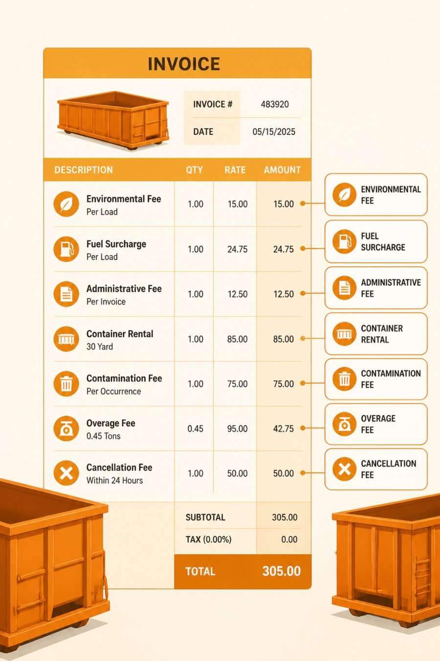 Annotated sample invoice highlighting common fees in waste management contracts, including fuel and overage charges.