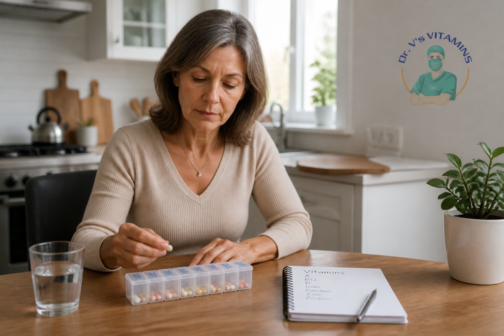 A woman in her 50s sitting at a kitchen table with a weekly pill organizer, a glass of water, and a notebook listing vitamin names, looking focused and calm in natural morning light