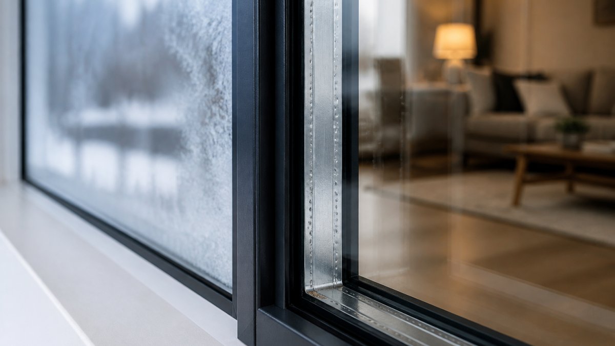 Diagram showing double-glazed window insulation with a sealed air gap, exterior frost, and warm interior reflection.