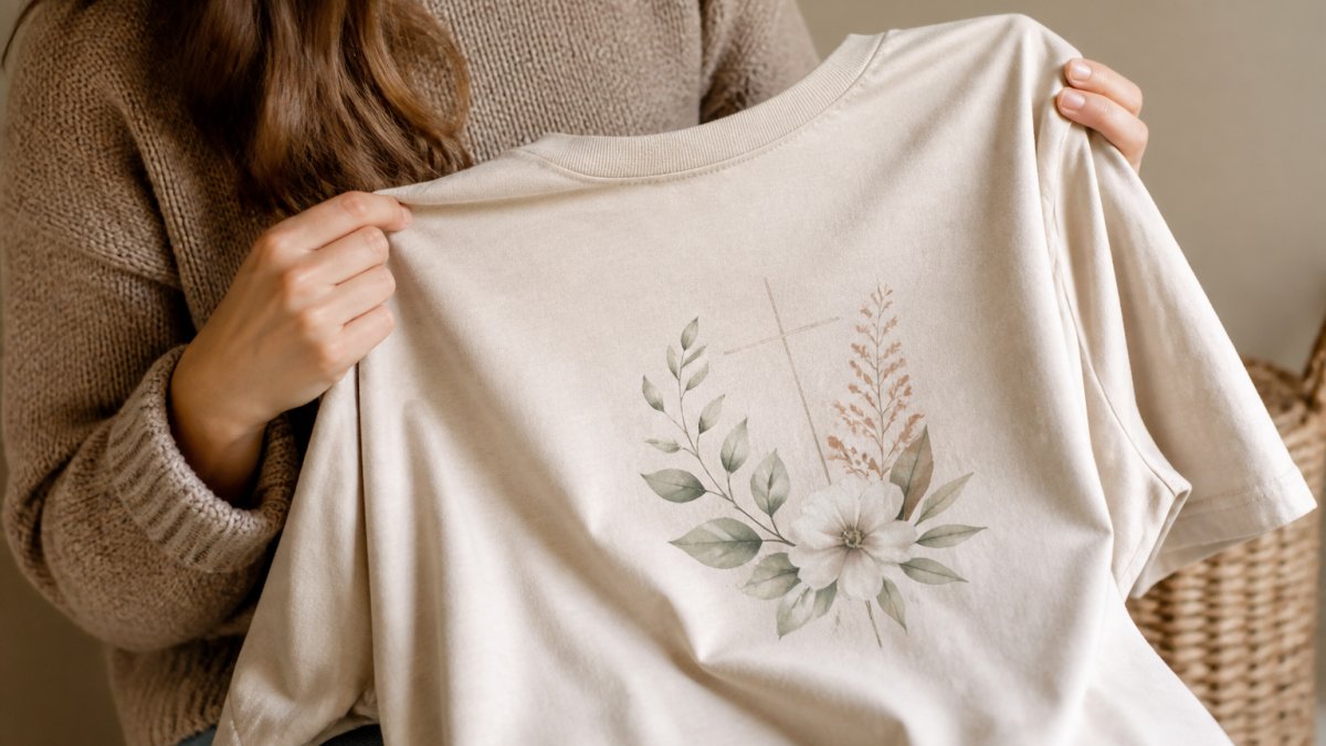 Infographic showing the quality and texture of soft cotton fabric used in premium christian apparel designs.