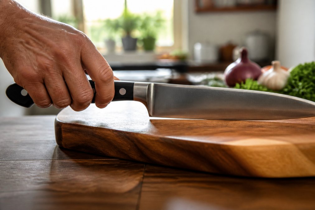 Close-up of a chef's hand gripping a knife handle showing the full tang and bolster, blade resting on a wooden cutting board in a sunlit home kitchen