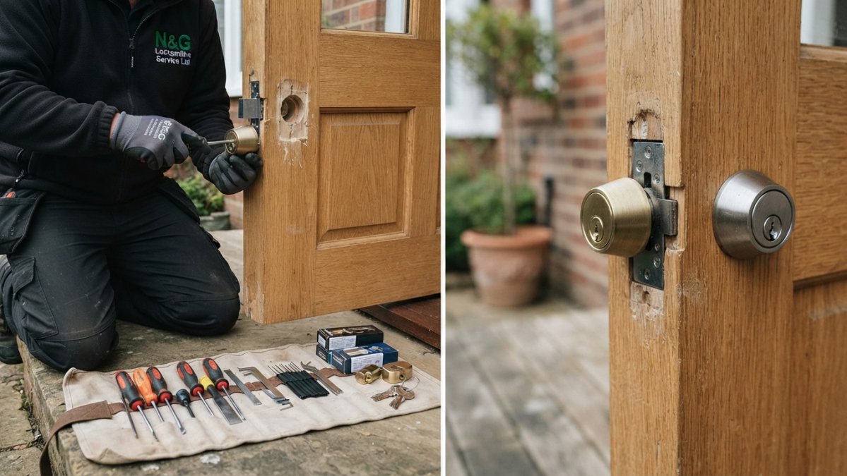 Close-up of a locksmith's hands fitting a high-security deadbolt into a wooden front door, with a tool roll and spare lock cylinders visible on the doorstep