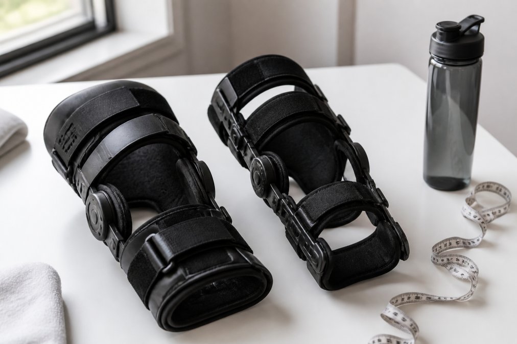 A collection of hinged braces arranged on a white surface with a measuring tape and water bottle.