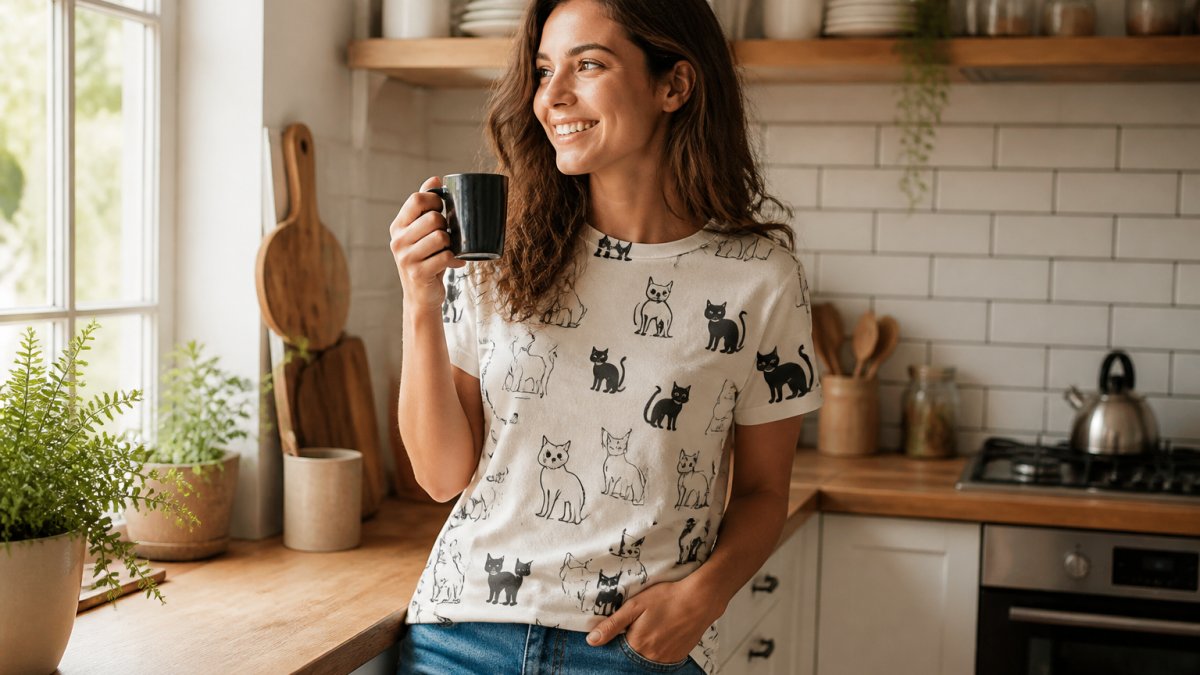 A woman wearing a relaxed-fit cat print t-shirt and jeans, standing in a sunny kitchen, smiling while holding a coffee mug