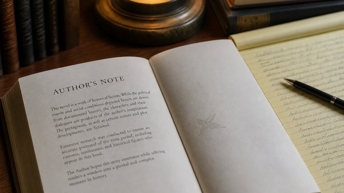 Close-up of an open historical fiction novel showing an author's note page with a reading lamp and handwritten notes on a notepad beside it