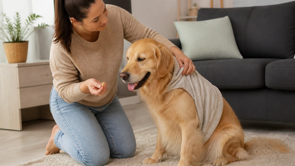 Owner gently placing a lightweight sweater on a calm golden retriever in a living room while offering a treat