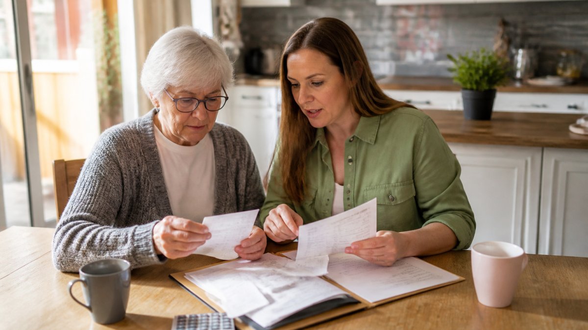 A senior and an adult child sitting at a kitchen table sorting through a folder of receipts and paperwork, a calculator and coffee mugs nearby, warm natural light