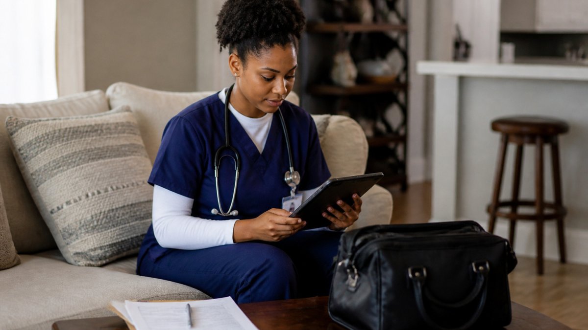 Home health nurse reviewing electronic patient records on a tablet to ensure accurate home health billing