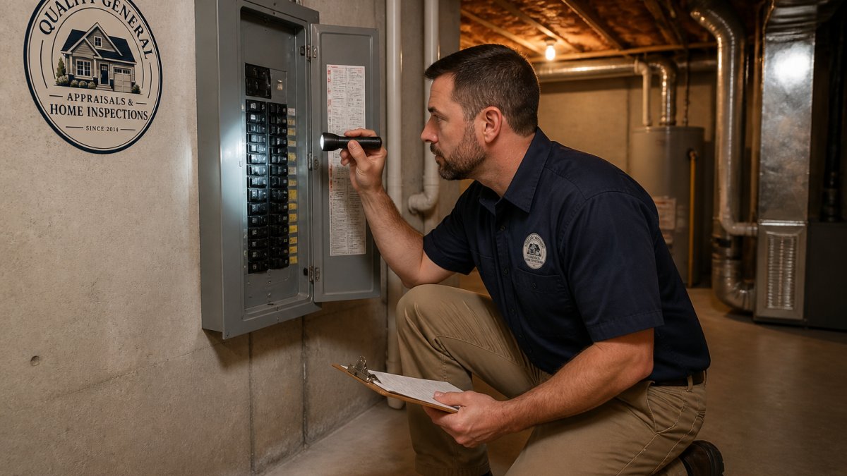 A home inspector in a work shirt kneeling in a residential basement, examining an electrical panel with a flashlight and clipboard
