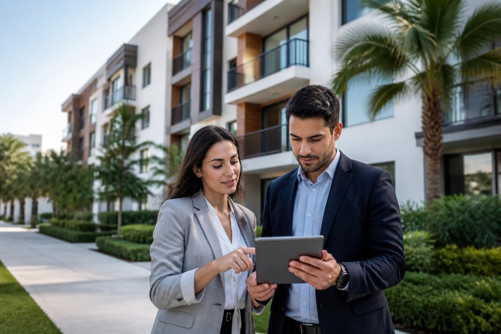Are Home Prices Dropping in Boca Raton? 2026 Market Analysis 1 Real estate agent and young professional reviewing property details on a tablet while standing in front of a modern apartment building in a residential neighborhood