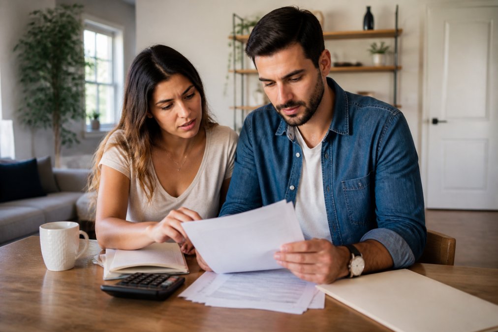 Are Home Prices Dropping in Boca Raton? 2026 Market Analysis 2 Couple reviewing mortgage documents and financial paperwork at a desk with a laptop, calculator, and coffee cup visible
