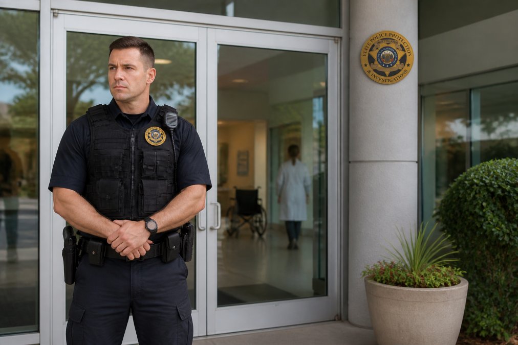 Uniformed hospital security guard standing alert at an entrance, raising questions about whether are hospital security