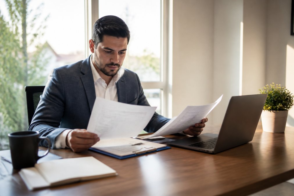 Real estate professional reviewing property documents and market analysis at desk with laptop showing listing data, morning sunlight streaming through office window