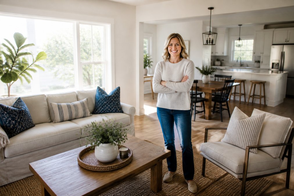 Homeowner standing in bright, well-maintained living room with fresh neutral paint, modern furnishings, and natural light from large windows, representing move-in ready condition