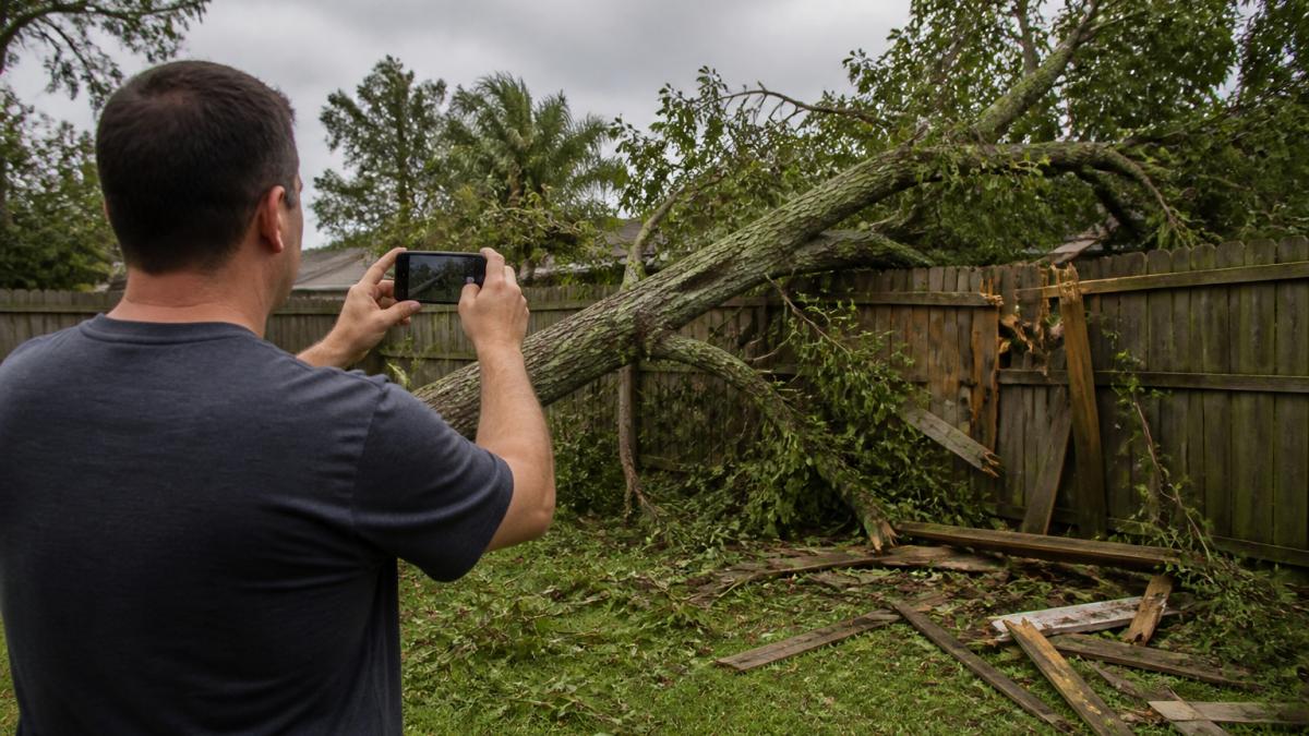 A homeowner standing in a yard after a storm, taking a smartphone photo of a large fallen tree branch resting on a damaged fence, with debris scattered around under overcast skies