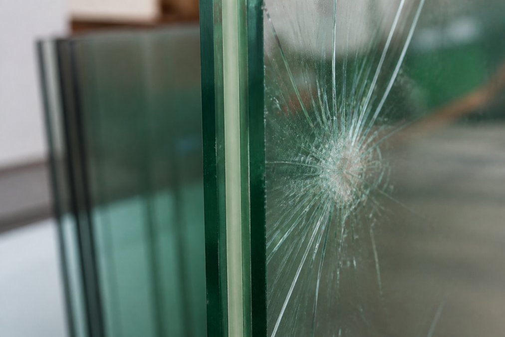 Close-up of laminated impact-resistant glass pane showing the visible polyvinyl butyral interlayer between glass layers, with debris impact marks visible on the surface