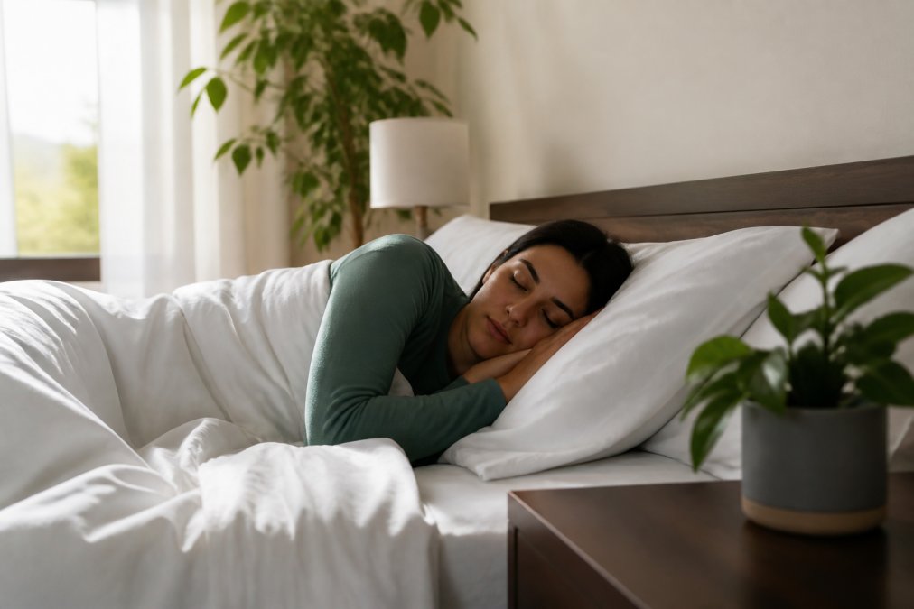 Person sleeping peacefully on white bamboo sheets with soft natural light streaming through a bedroom window