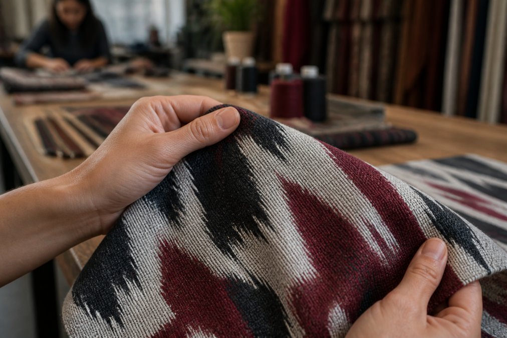 Close-up of hands holding a piece of hand-woven ikat fabric, showing the tight weave and natural fibers, with a professional workspace blurred in the background