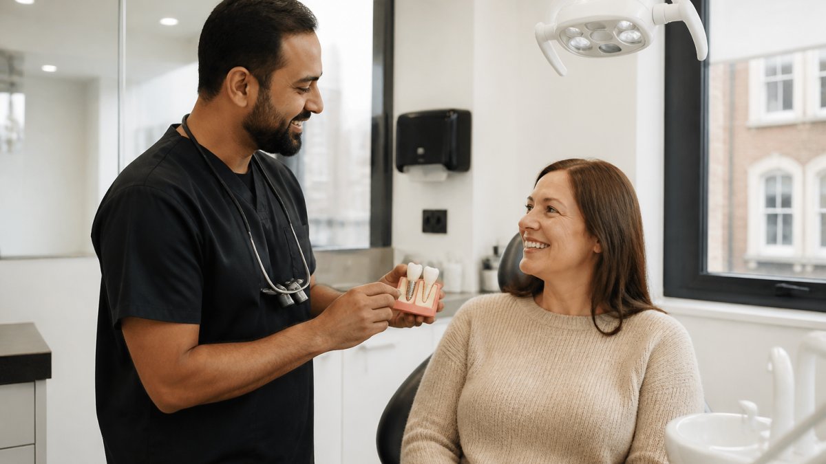 Professional demonstrating immediate-load dental implant placement with temporary crown in modern clinical setting with bright overhead lighting