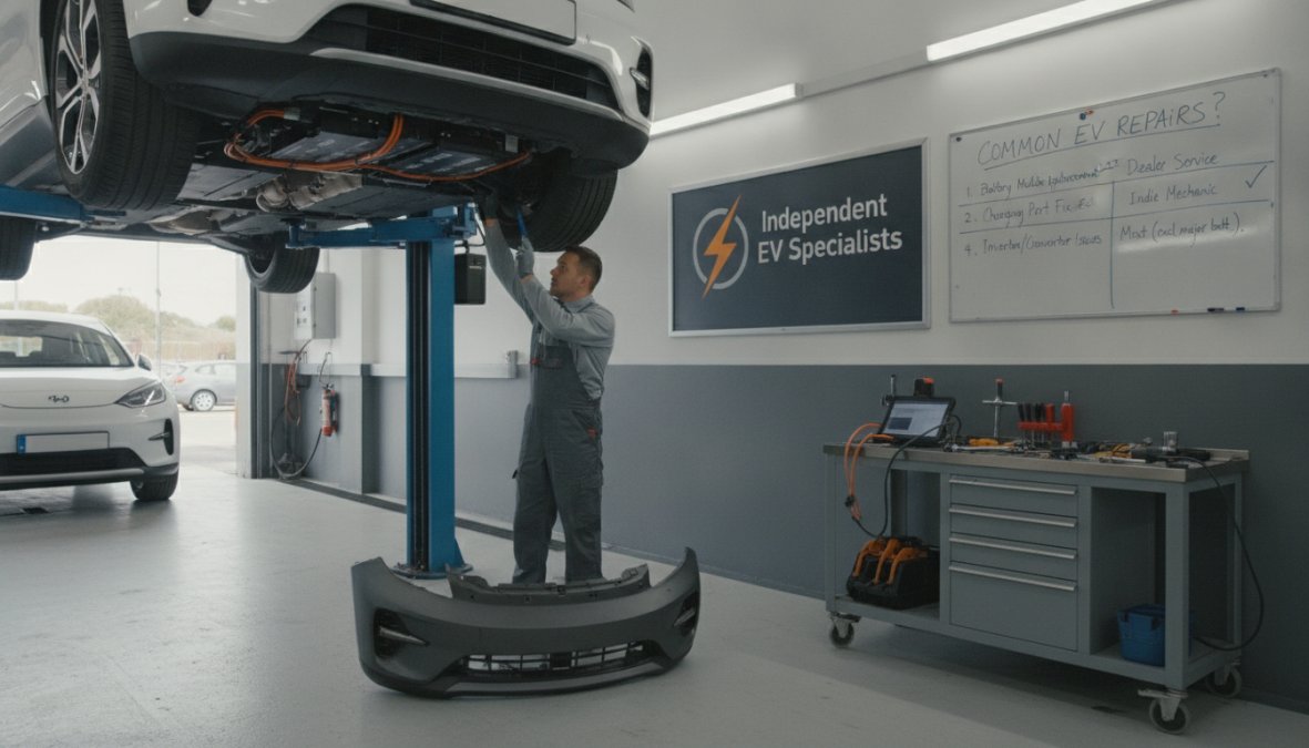 Professional illustration showing Close for are independent electric car mechanics good