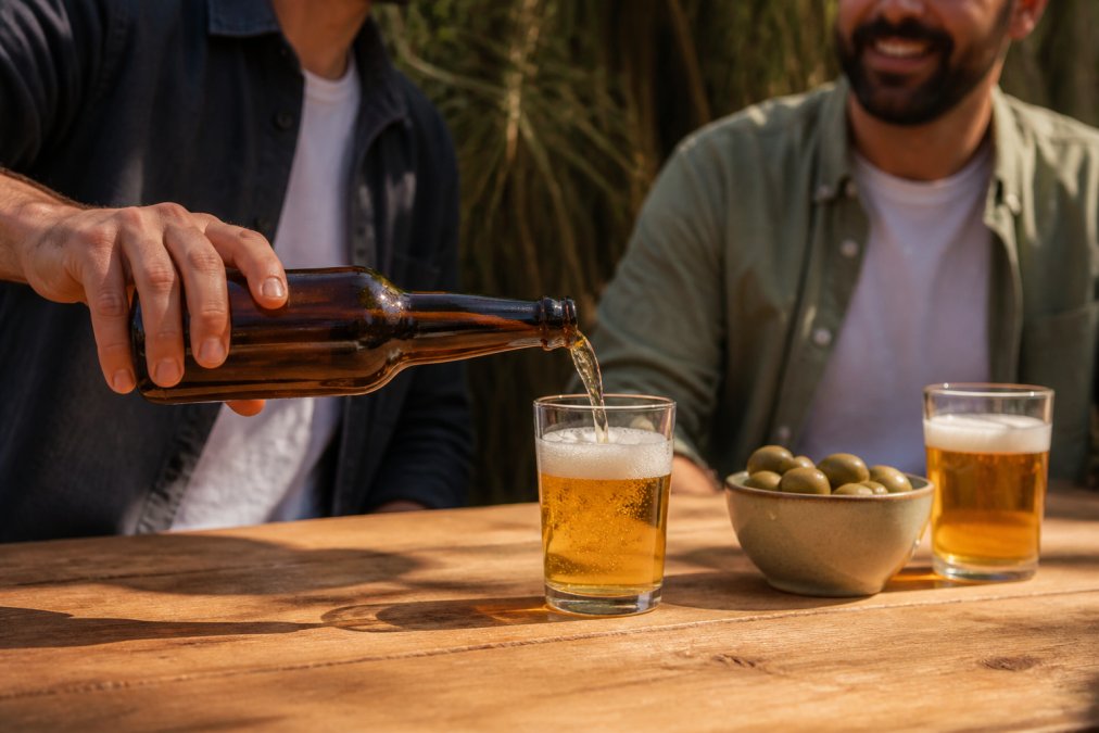 A hand pouring a crisp alcohol-free lager from a 500ml bottle into a glass, the brewery label clearly visible, set against a warm natural light background on a wooden table