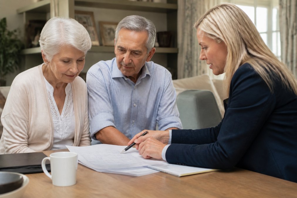 Couple reviewing financial documents for indexed annuities at a kitchen table under warm natural light