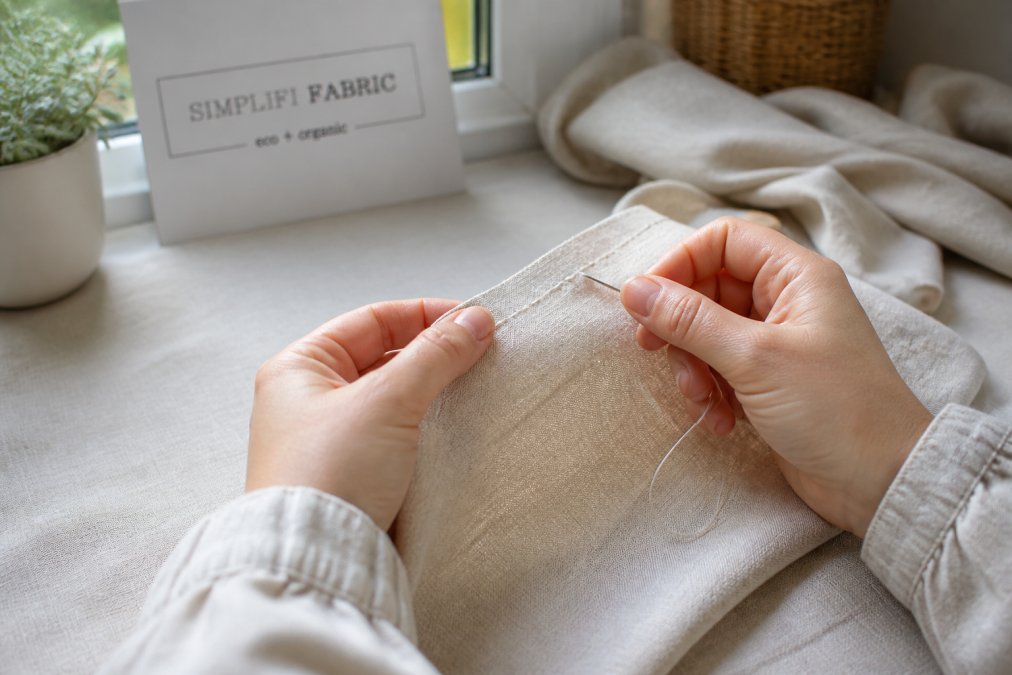 Close-up of hands holding fabric taut while guiding needle and thread through material, showing proper hand position and even stitching on a neutral fabric with natural window lighting
