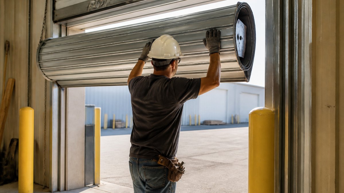 Contractor installing steel industrial roll up doors at a warehouse loading bay during the morning.