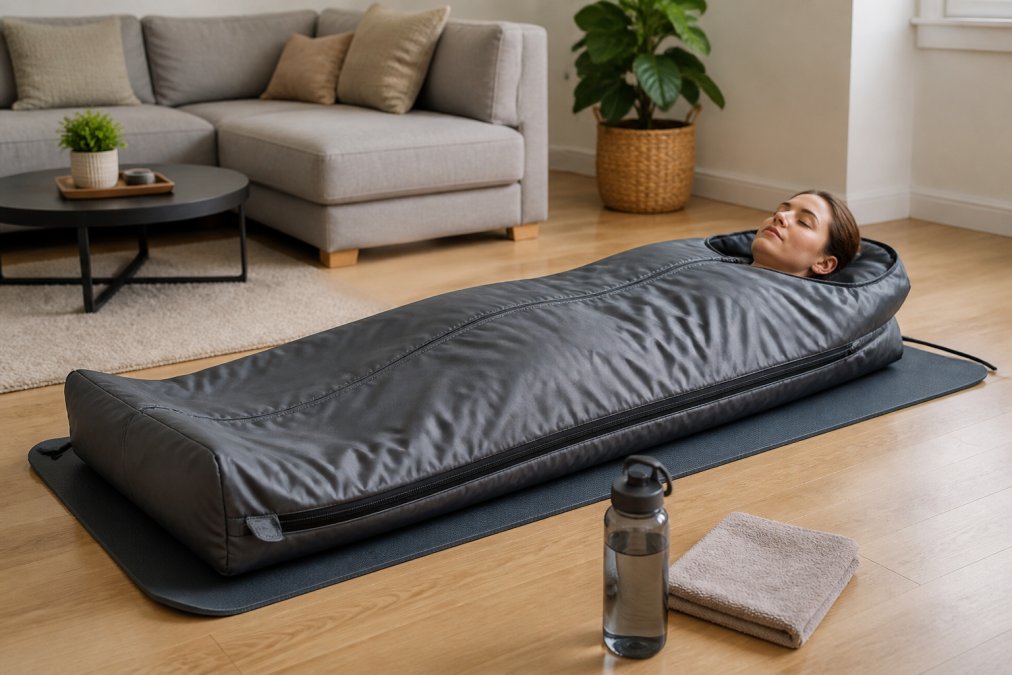 A person wrapped in a gray infrared sauna blanket lying on a yoga mat in a bright living room, with a water bottle and towel nearby, looking relaxed