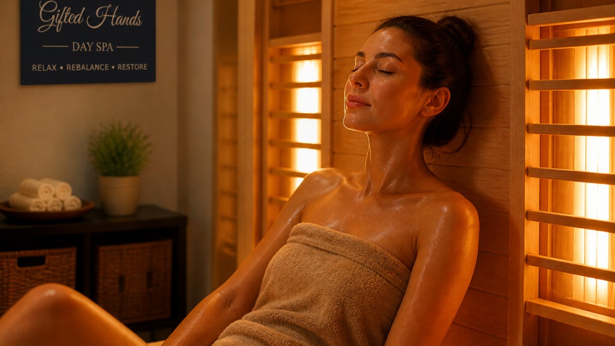 A woman relaxing inside a modern infrared sauna cabin, eyes closed, warm ambient light glowing from the wooden panels around her