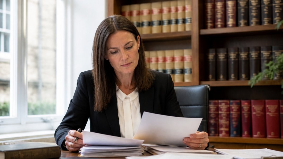 Professional solicitor reviewing case documents at desk in modern law office with natural lighting and law books on shelves