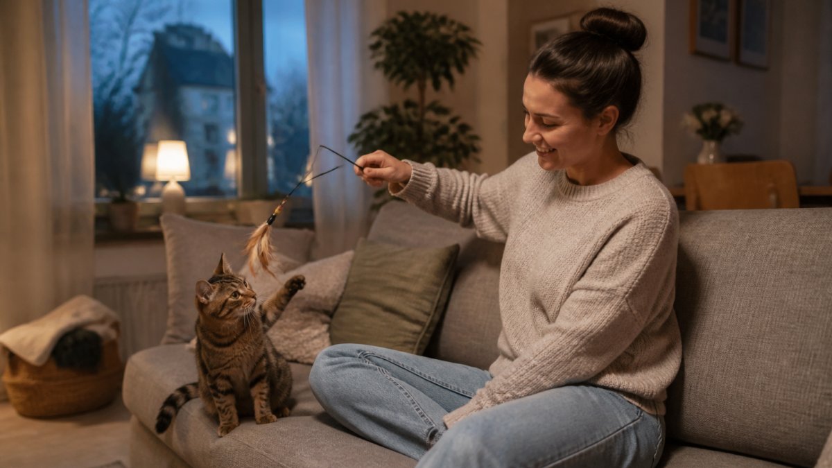 Busy pet owner using an interactive pet toy with their cat on a living room sofa during evening playtime, natural window lighting