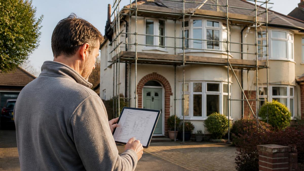 Homeowner using a tablet to review instant scaffolding quotes outside a house under construction