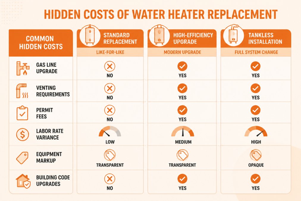 Comparison matrix showing common hidden costs: gas line upgrade (yes/no by scenario), venting requirements (yes/no), permit fees (yes/no), labor rate variance (high/medium/low by region), equipment markup (transparent/opaque), building code upgrades (yes/no)
