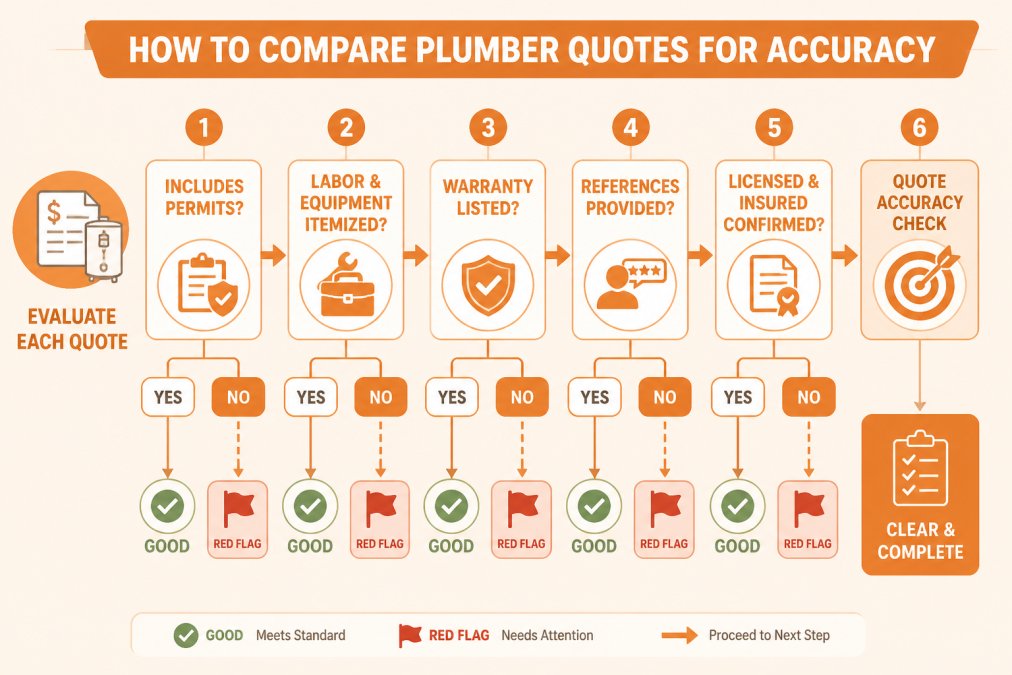 Decision flowchart for evaluating quote accuracy: Does estimate include permits? (yes/no) → Labor and equipment itemized? (yes/no) → Warranty listed? (yes/no) → References provided? (yes/no) → Licensed and insured confirmed? (yes/no) → Red flags identified at each step