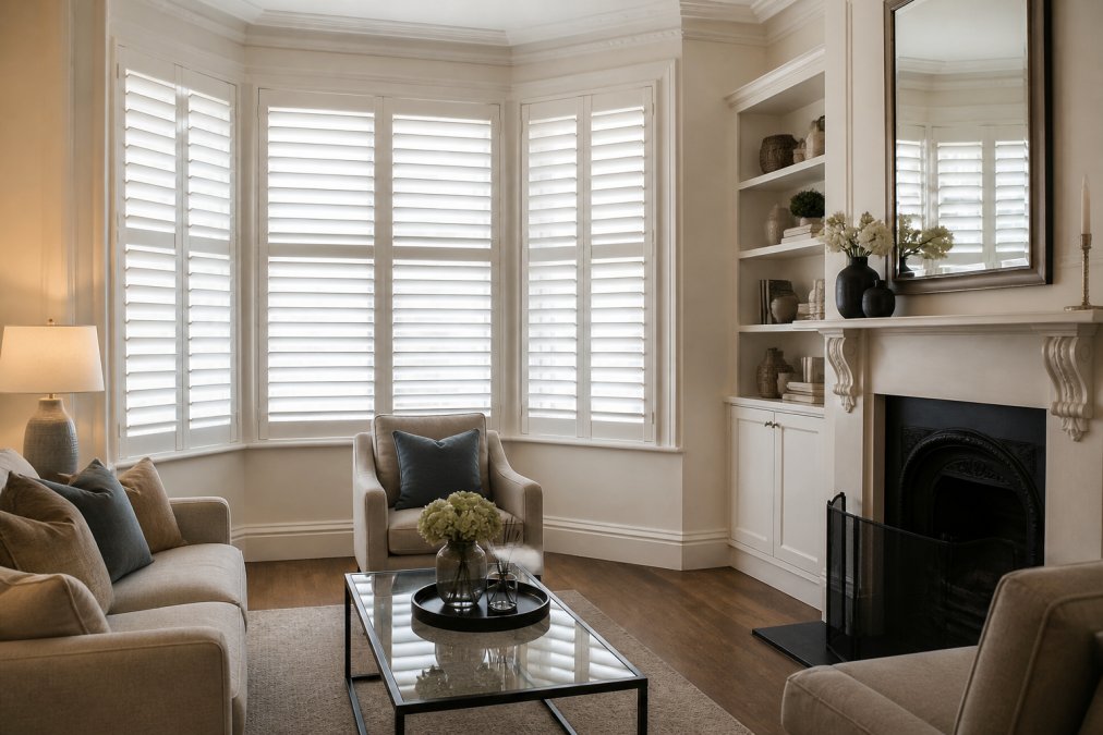 A bright, well-furnished living room in a period property with white plantation shutters closed on a bay window, with soft daylight filtering through the slats
