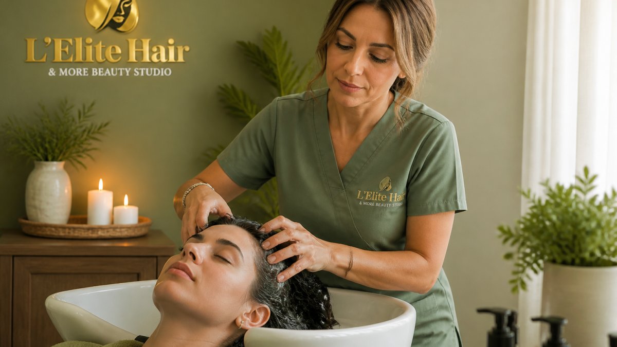 Professional therapist performing Japanese head spa treatment on client lying back in relaxation chair, hands working through scalp with focused technique in spa setting with soft lighting