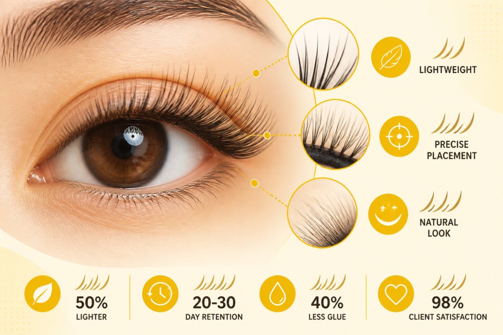 Close-up of a client's eye showing natural-looking Japanese lash extensions with defined, fluffy texture and precise placement, individual fibers catching light naturally against the eye in bright studio lighting