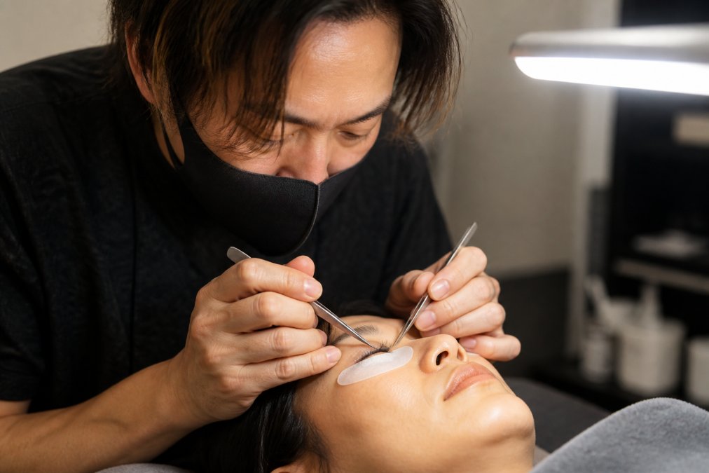 Close-up of a lash artist's hands using fine tweezers to place a single ultra-fine lash extension onto a client's natural lash under a bright LED lamp, with the client's eyes closed and relaxed